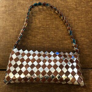Handwoven Brown & Silver Checkerboard Purse With Zipper Closure